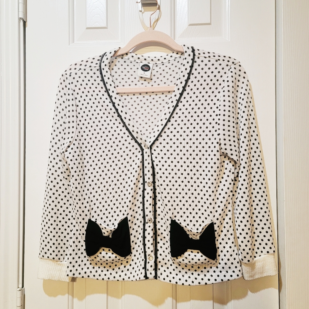 Juniors Disney Minnie Rocks the Dots White Polka Dot Cardigan